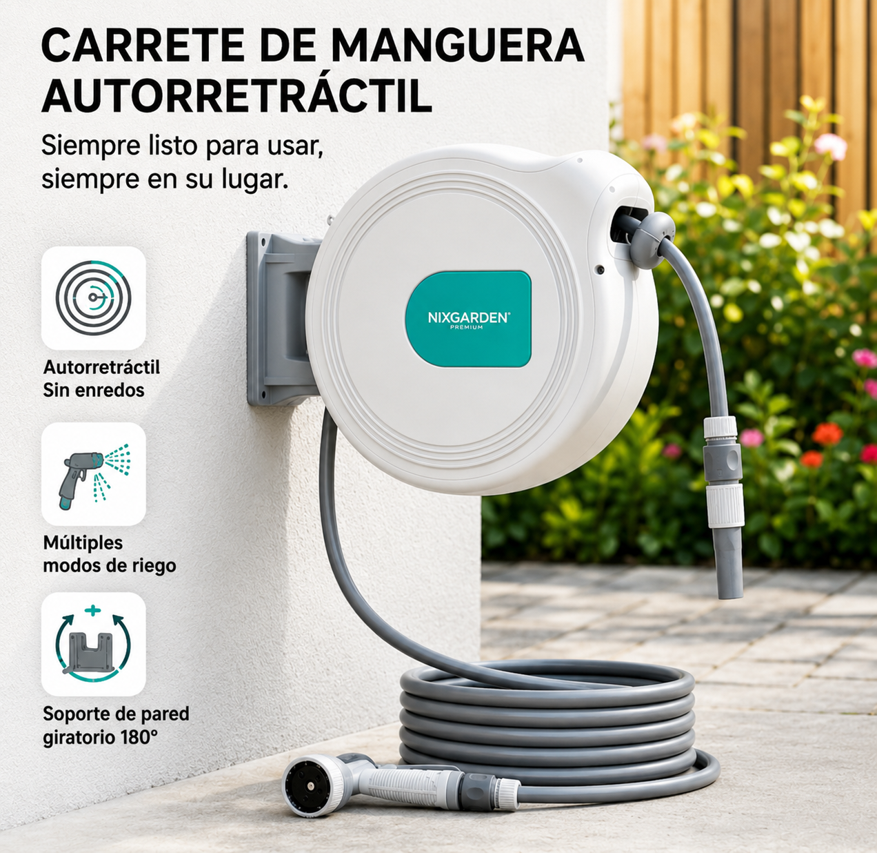 Enrolador automático de mangueira para jardim 30 m com suporte de parede, sistema retrátil e pistola pulverizadora multifunções