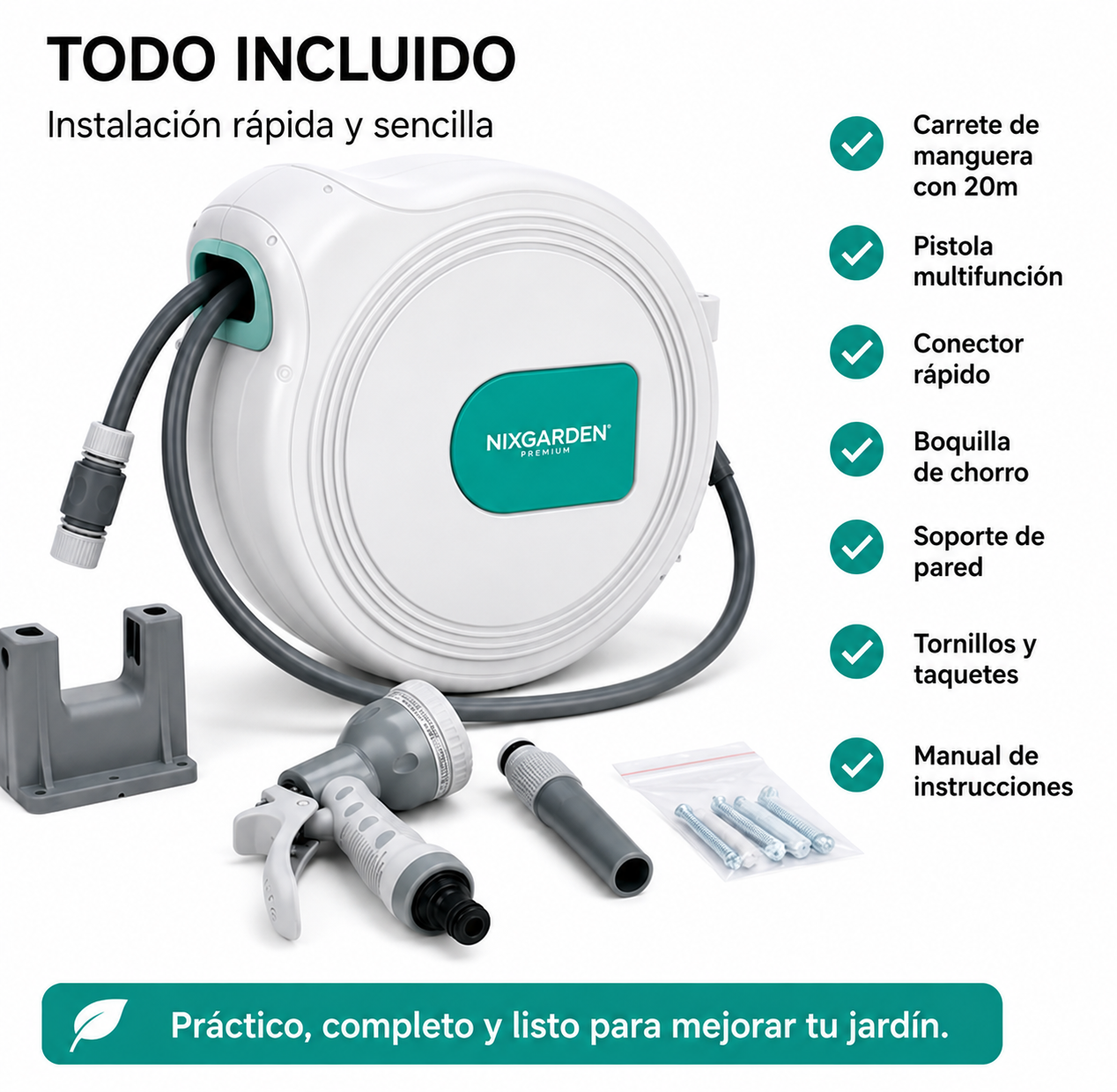 Enrolador automático de mangueira para jardim 30 m com suporte de parede, sistema retrátil e pistola pulverizadora multifunções