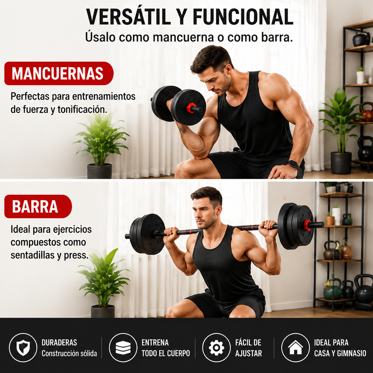 Halteres Ajustáveis com Barra Extensível 20 Kg Kit Multifunções