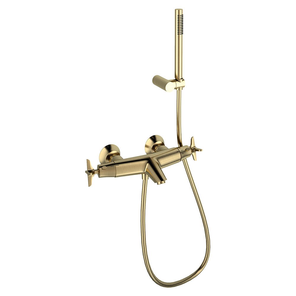Ramon Soler - Adagio, termostático de baño - ducha con equipo de ducha, oro cepillado - BricoandPool