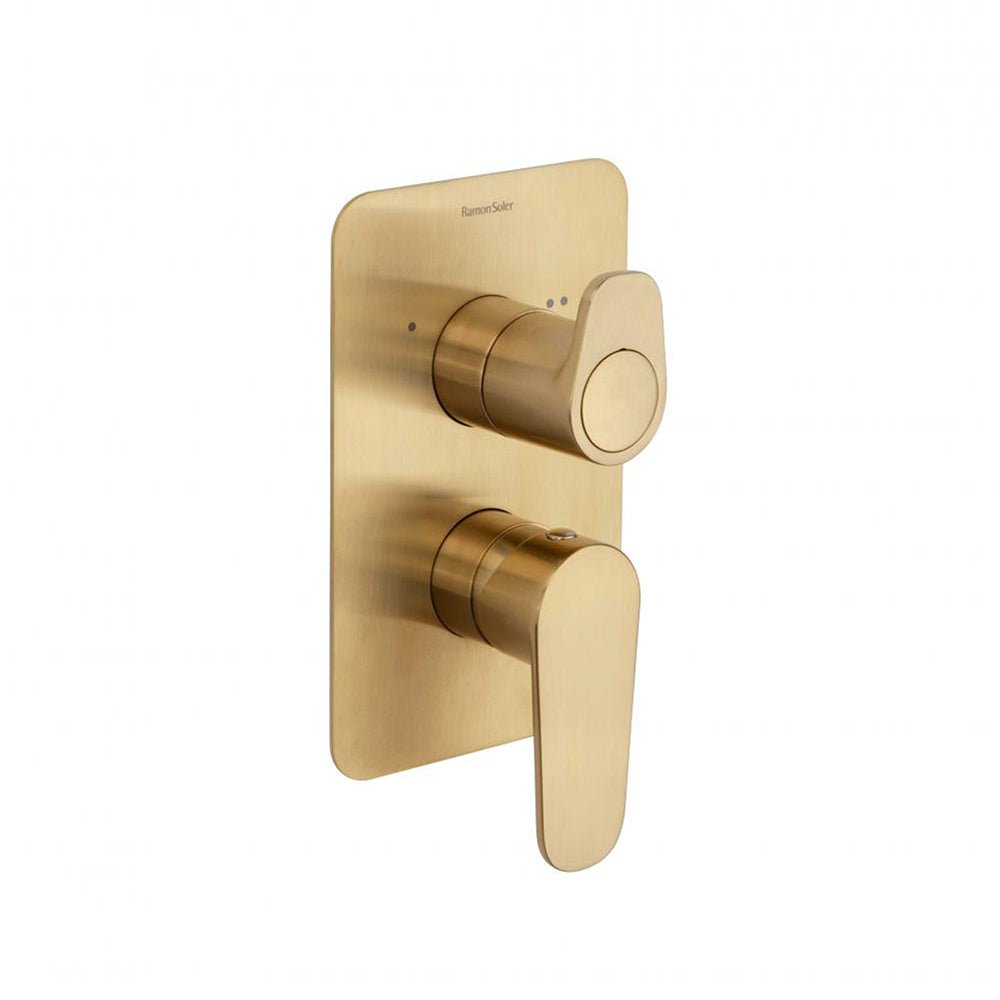 Ramon Soler - Alexia, monomando de baño - ducha empotrado 2 vías con placa metálica, oro cepillado - BricoandPool