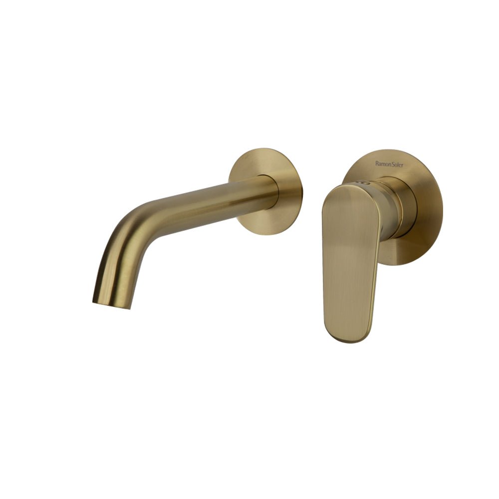 Ramon Soler - Alexia, monomando de lavabo empotrado mural con caño de 19 cm y sistema S2, oro cepillado - BricoandPool