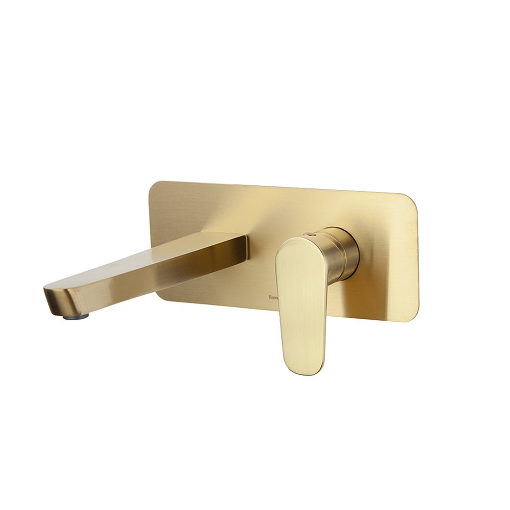 Ramon Soler - Alexia, monomando de lavabo empotrado mural con placa metálica, oro cepillado - BricoandPool