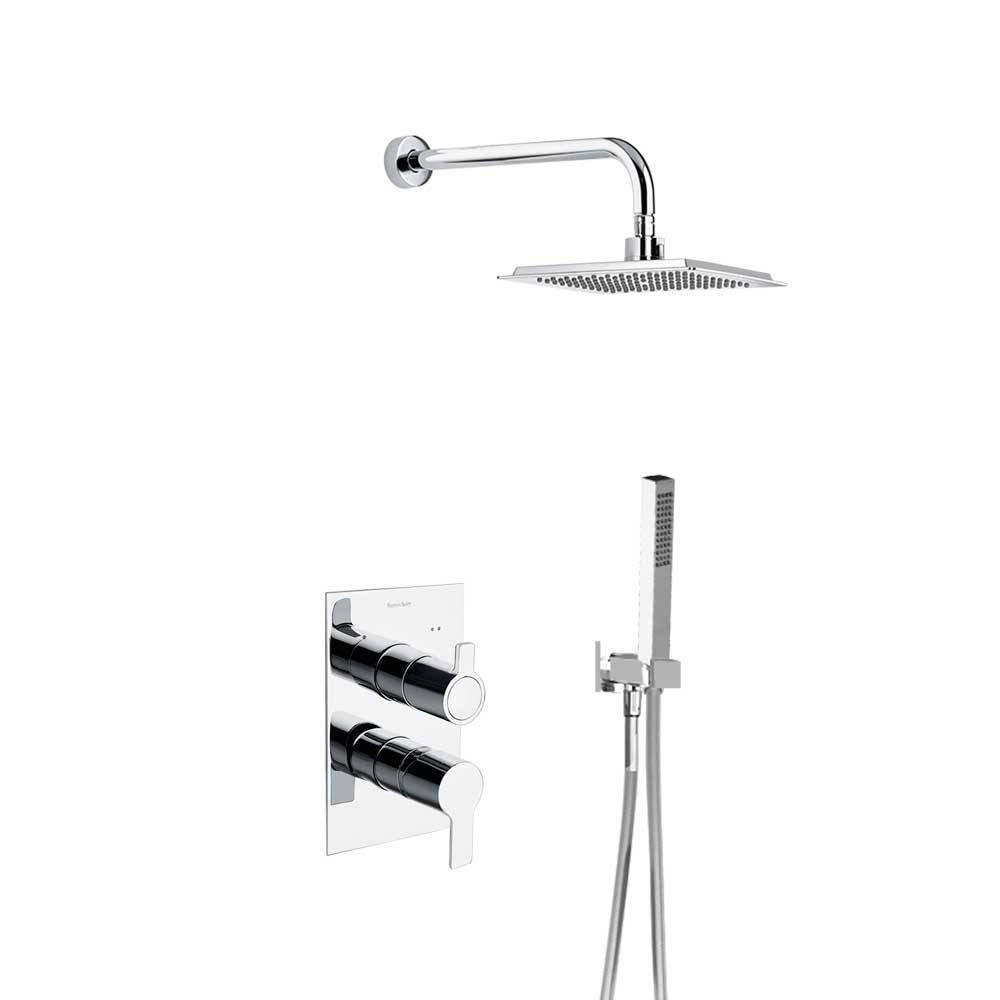 Ramon Soler - Blautherm, conjunto monomando metálico empotrado 2 vías con soporte, toma de agua, teleducha y rociador cuadrado 225mm, cromo - BricoandPool