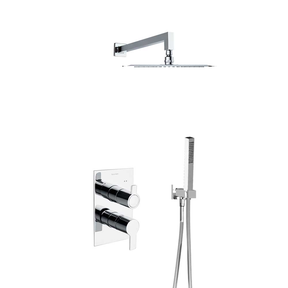 Ramon Soler - Blautherm, conjunto termostático empotrado metálico 2 vías con soporte, toma de agua, teleducha y rociador cuadrado 225mm, cromo 948712RPK225 - BricoandPool