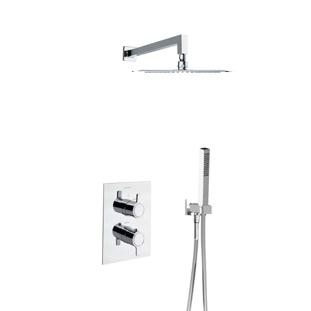 Ramon Soler - Blautherm, conjunto termostático empotrado metálico 2 vías con soporte, toma de agua, teleducha y rociador metálico cuadrado 250mm, cromo 948712RK250 - BricoandPool