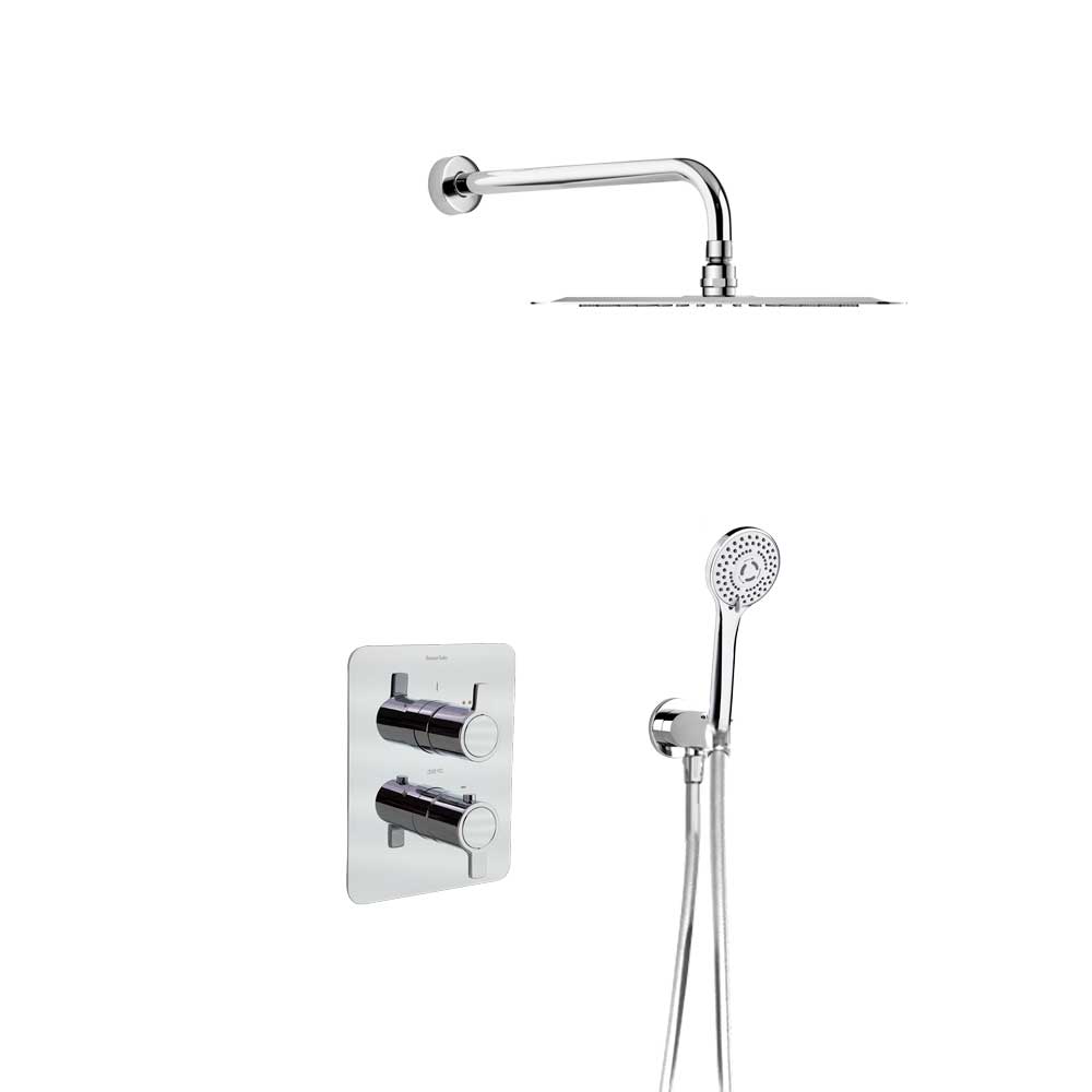Ramon Soler - Blautherm, conjunto termostático empotrado metálico 2 vías con soporte, toma de agua, teleducha y rociador metálico redondo Ø250mm, cromo 948712RM250 - BricoandPool