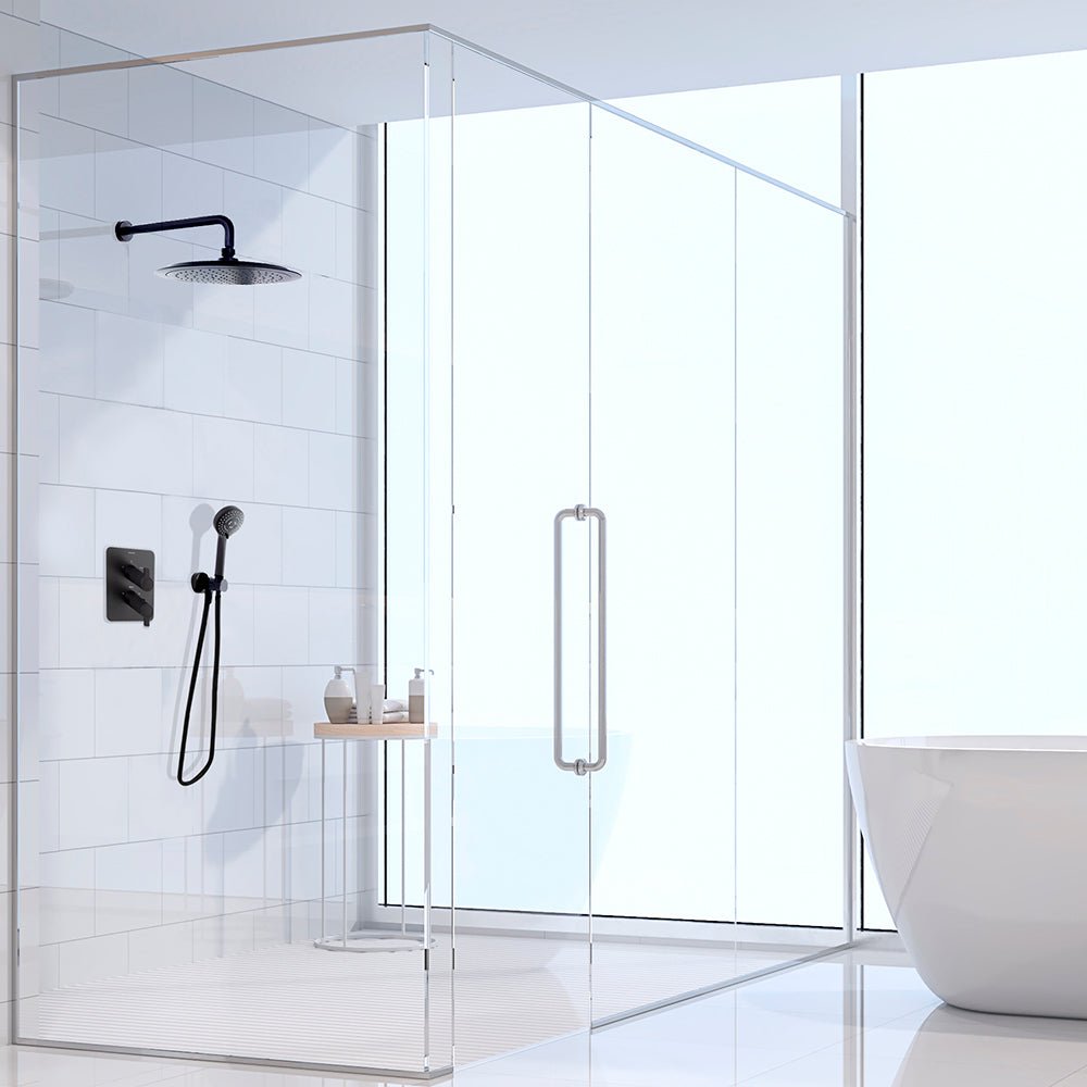 Ramon Soler - Blautherm, conjunto termostático empotrado metálico 2 vías con soporte, toma de agua, teleducha y rociador redondo Ø240mm, negro mate 948712RP240NM - BricoandPool