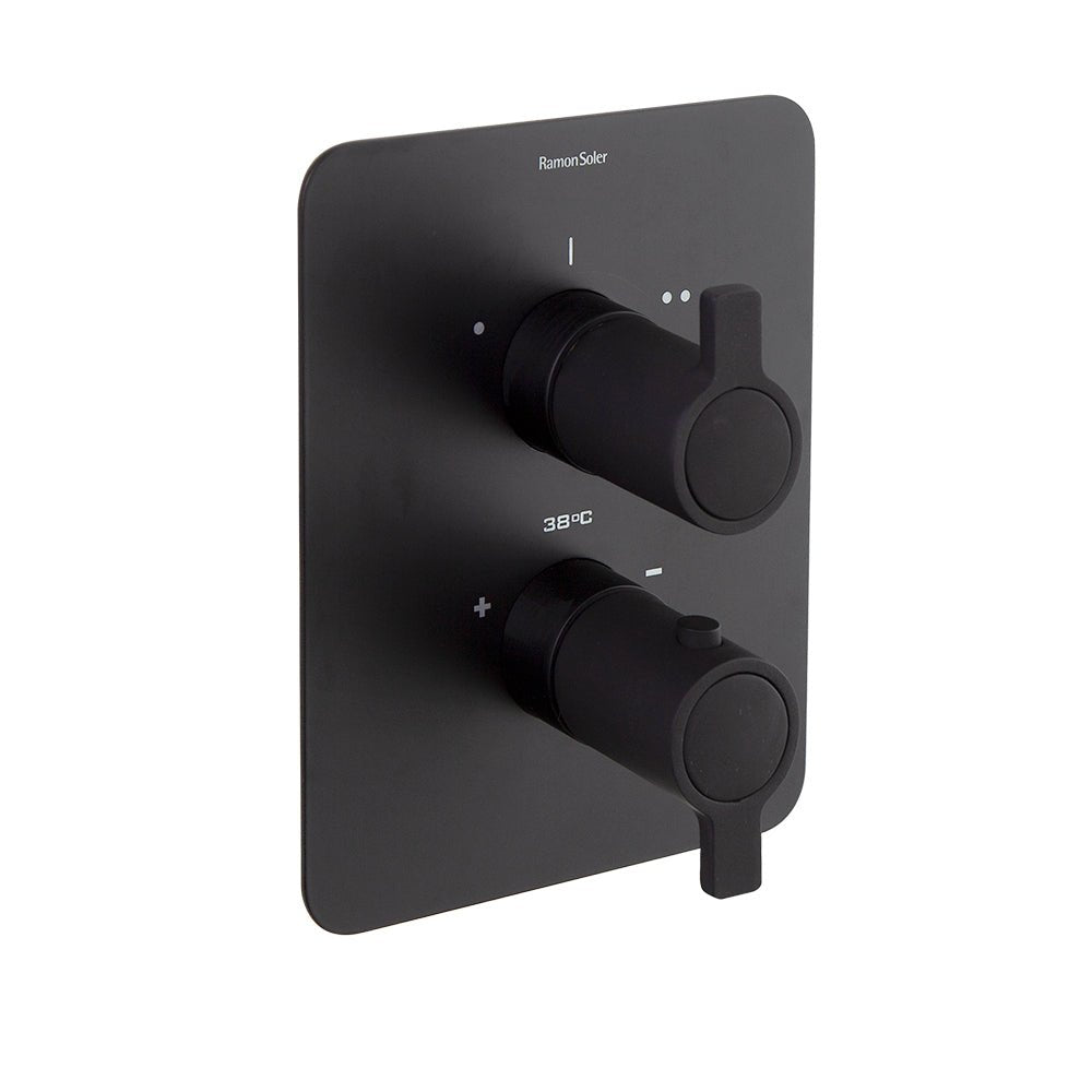 Ramon Soler - Blautherm, termostático de ducha empotrado metálico 2 vías con placa ultraslim, negro mate - BricoandPool
