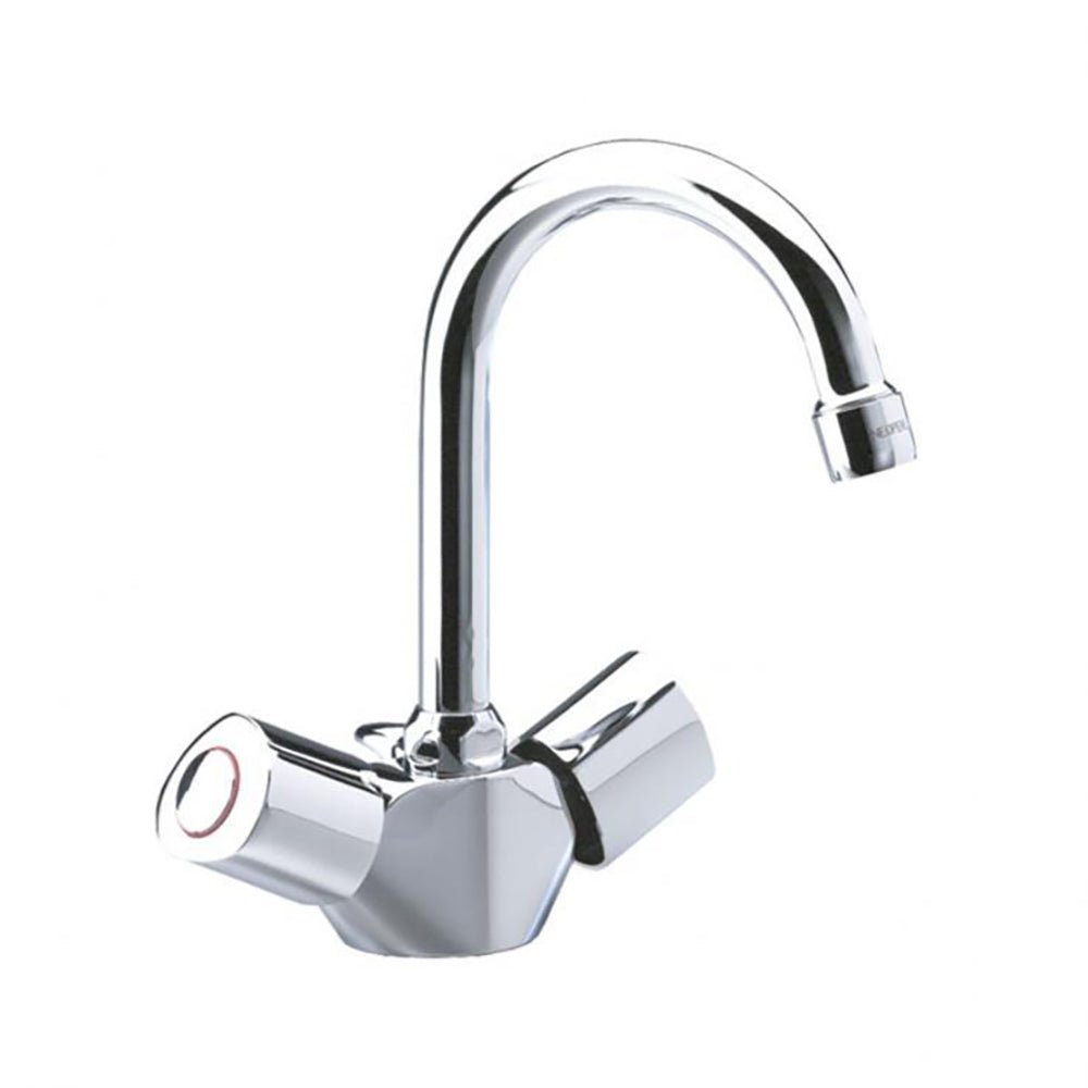 Ramon Soler - Eco, bimando de lavabo con caño giratorio de tubo y con válvula automática de latón 1¼, cromo - BricoandPool
