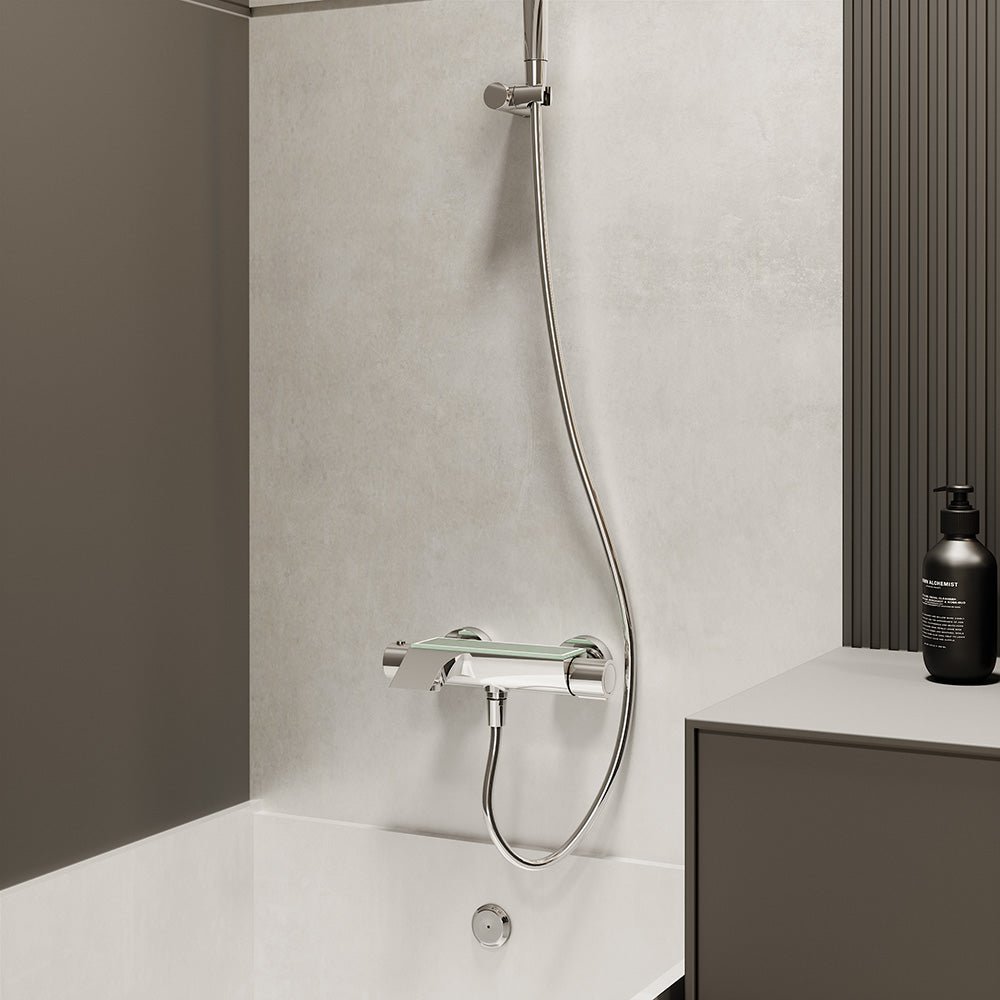 Ramon Soler - Grifo de baño - ducha termostático Urban Chic con equipo de ducha, salida cascada, inversor integrado y repisa de vidrio cromo - BricoandPool