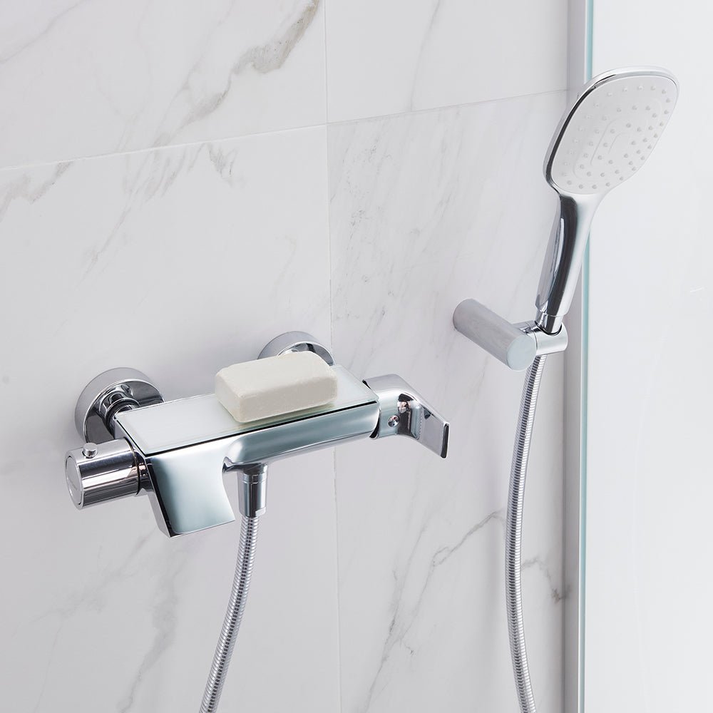 Ramon Soler - Grifo de baño - ducha termostático Urban Chic con salida cascada, inversor integrado y repisa de vidrio cromo - BricoandPool