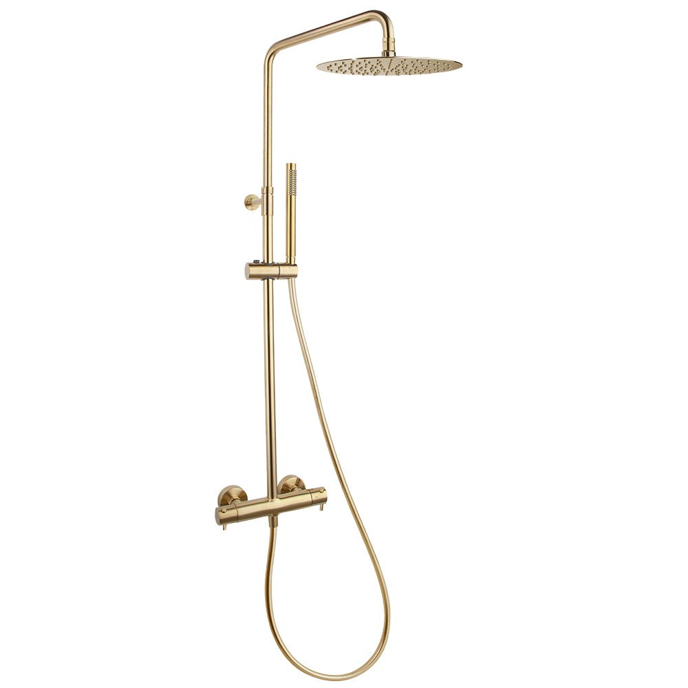 Ramon Soler - Odisea, columna de ducha telescópica termostática con rociador metálico 300mm, oro cepillado - BricoandPool