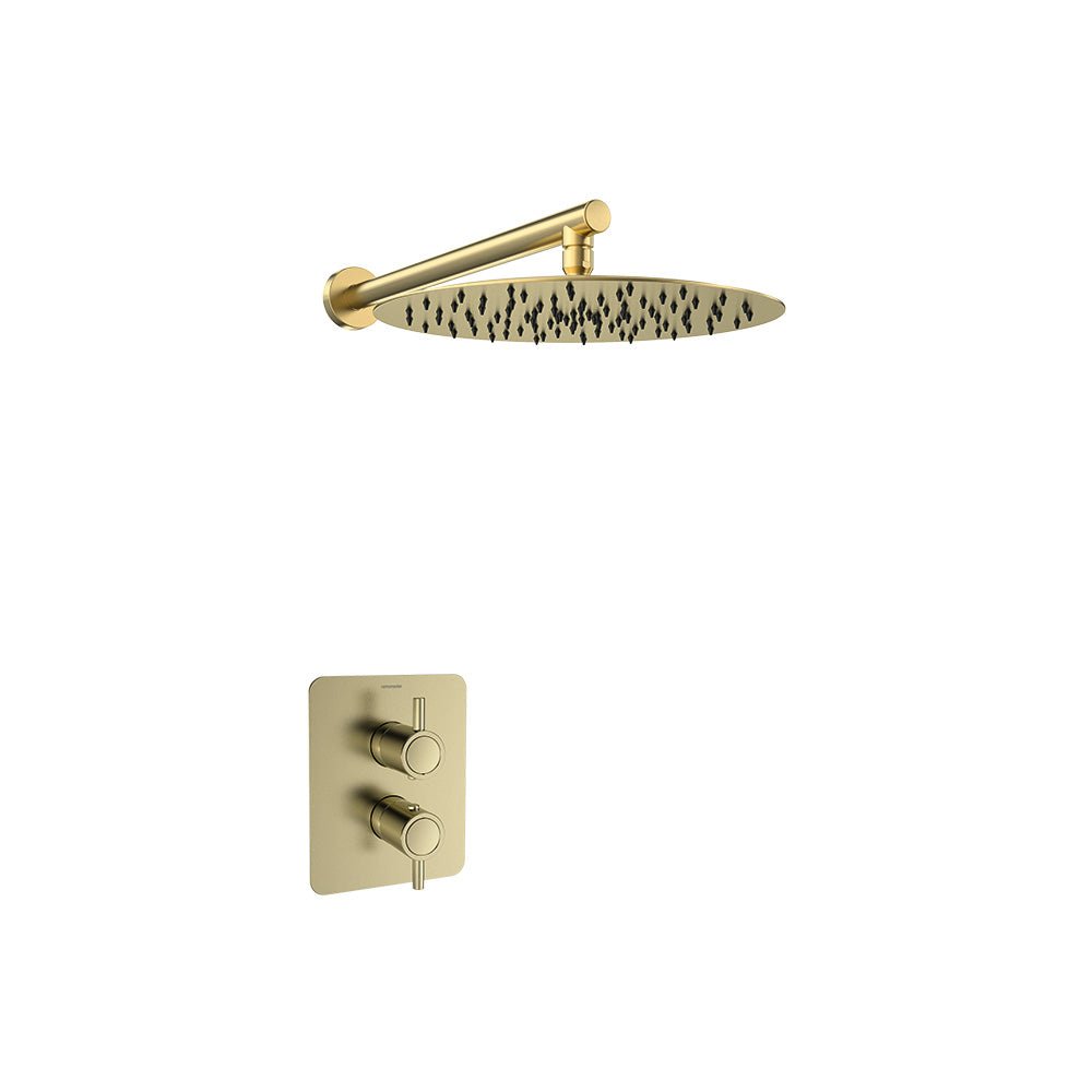 Ramon Soler - Odisea, conjunto termostático de ducha empotrado 1 vía con rociador metálico 300mm, oro cepillado - BricoandPool