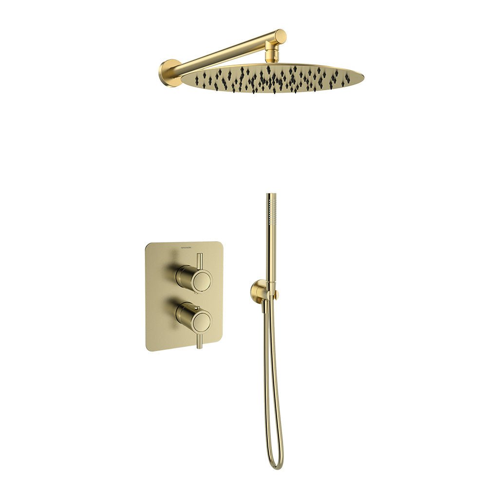 Ramon Soler - Odisea, conjunto termostático de ducha empotrado 2 vías con rociador metálico 300mm, oro cepillado - BricoandPool
