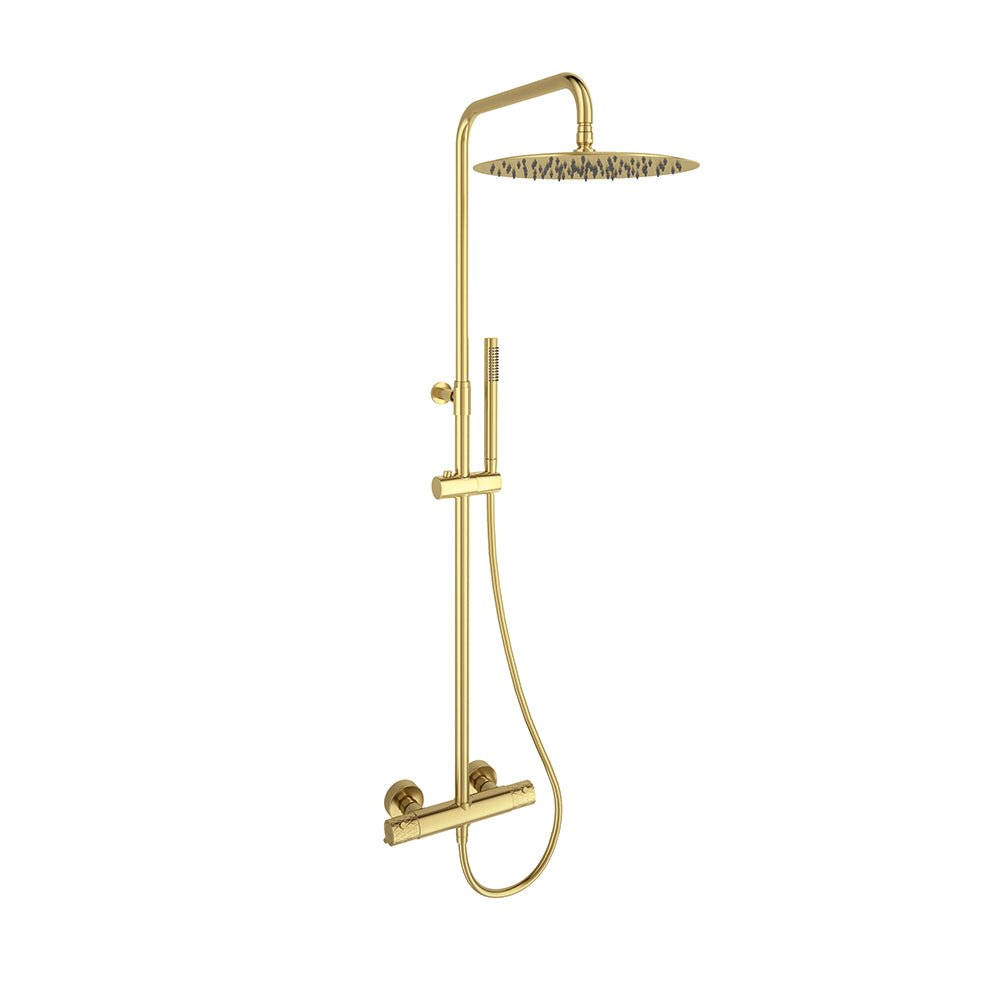 Ramon Soler - Odisea Joya, columna telescópica termostática con ducha de mano y rociador metálico 300 mm, oro cepillado - BricoandPool