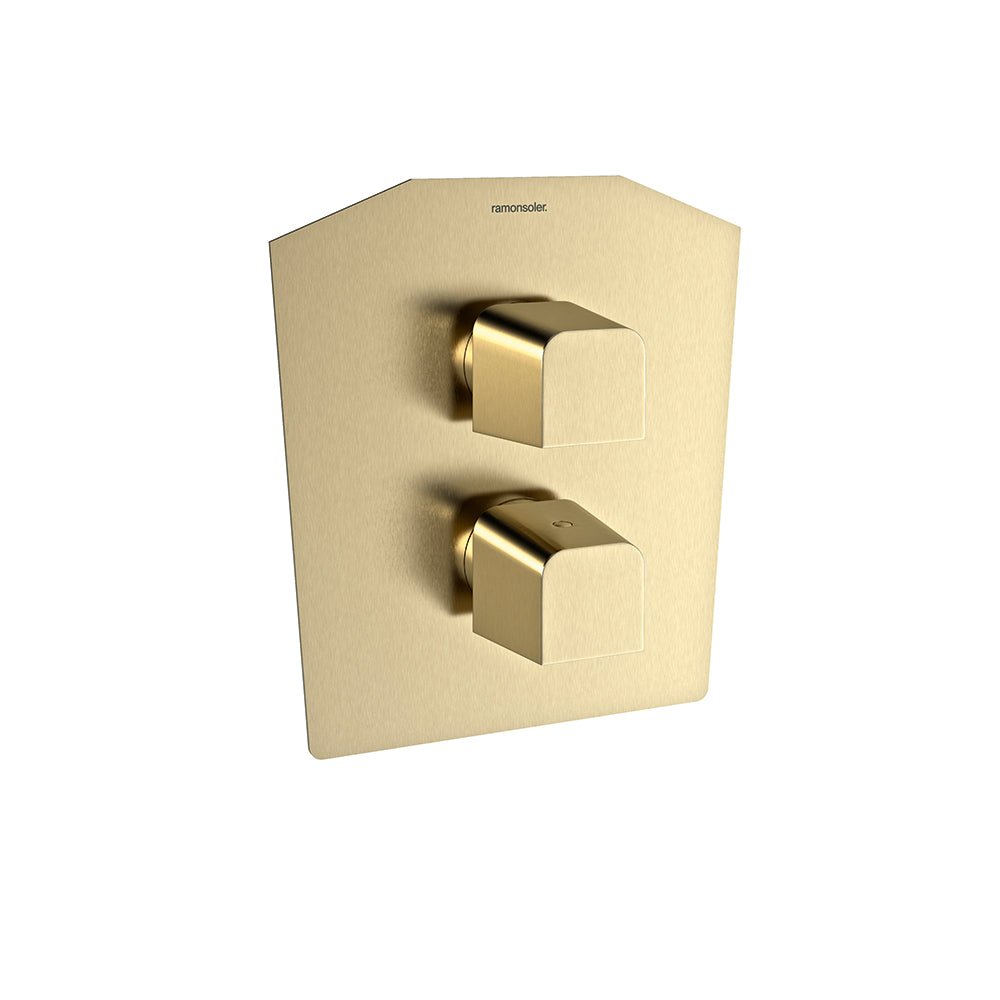 Ramon Soler - Prisma, termostático de ducha empotrado 2 vías con placa metálica, oro cepillado - BricoandPool