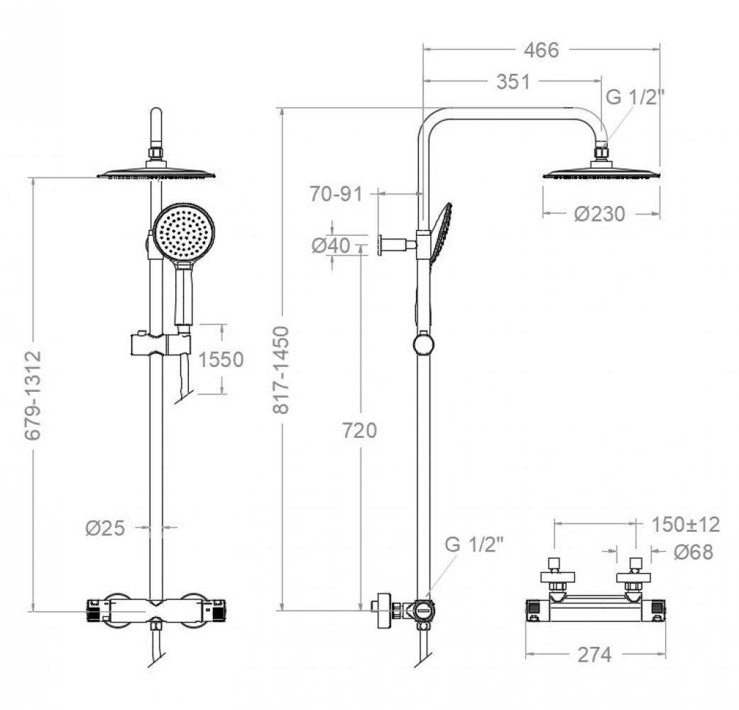 Ramon Soler - Termotech, columna de ducha telescópica termostática con rociador redondo Ø230 mm, cromo - BricoandPool