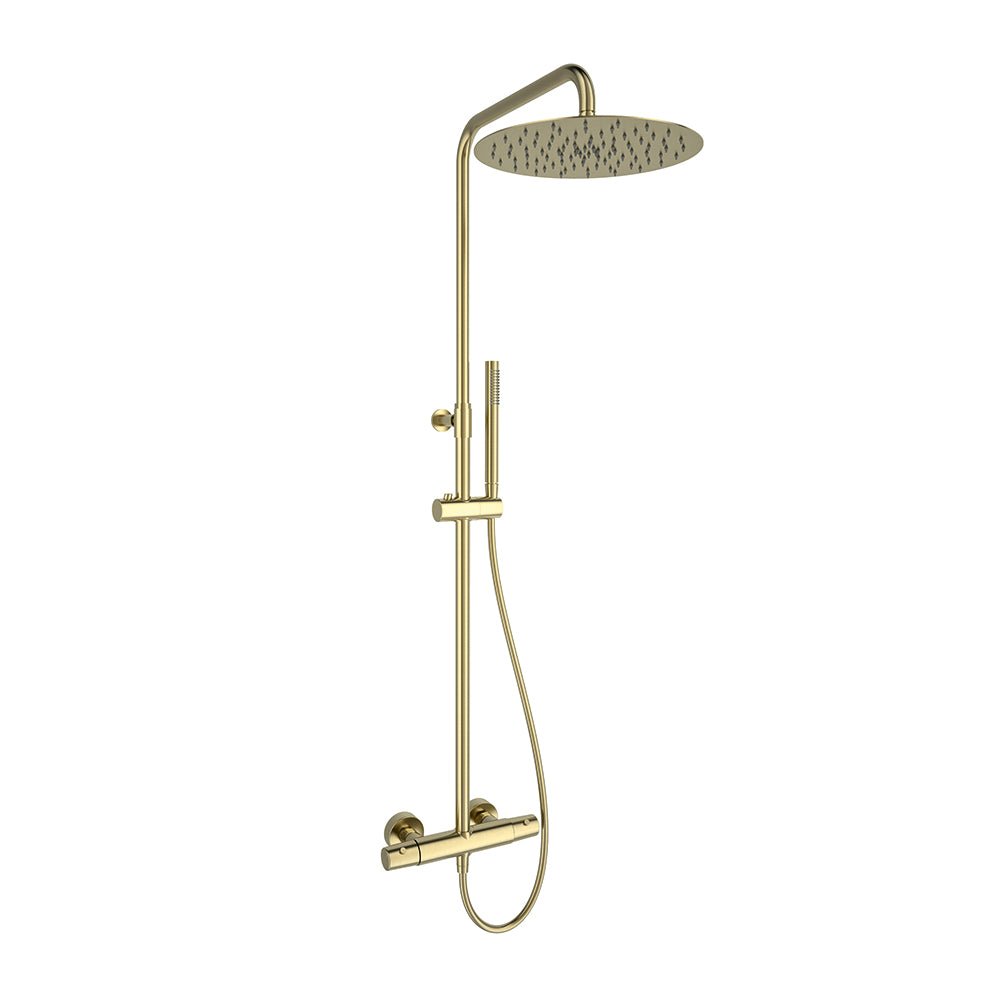 Ramon Soler - Tzar, columna telescópica termostática con rociador metálico de Ø300 mm, oro cepillado - BricoandPool