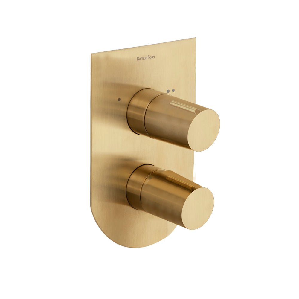 Ramon Soler - Tzar, monomando de baño - ducha empotrado 2 vías con placa metálica, oro cepillado - BricoandPool