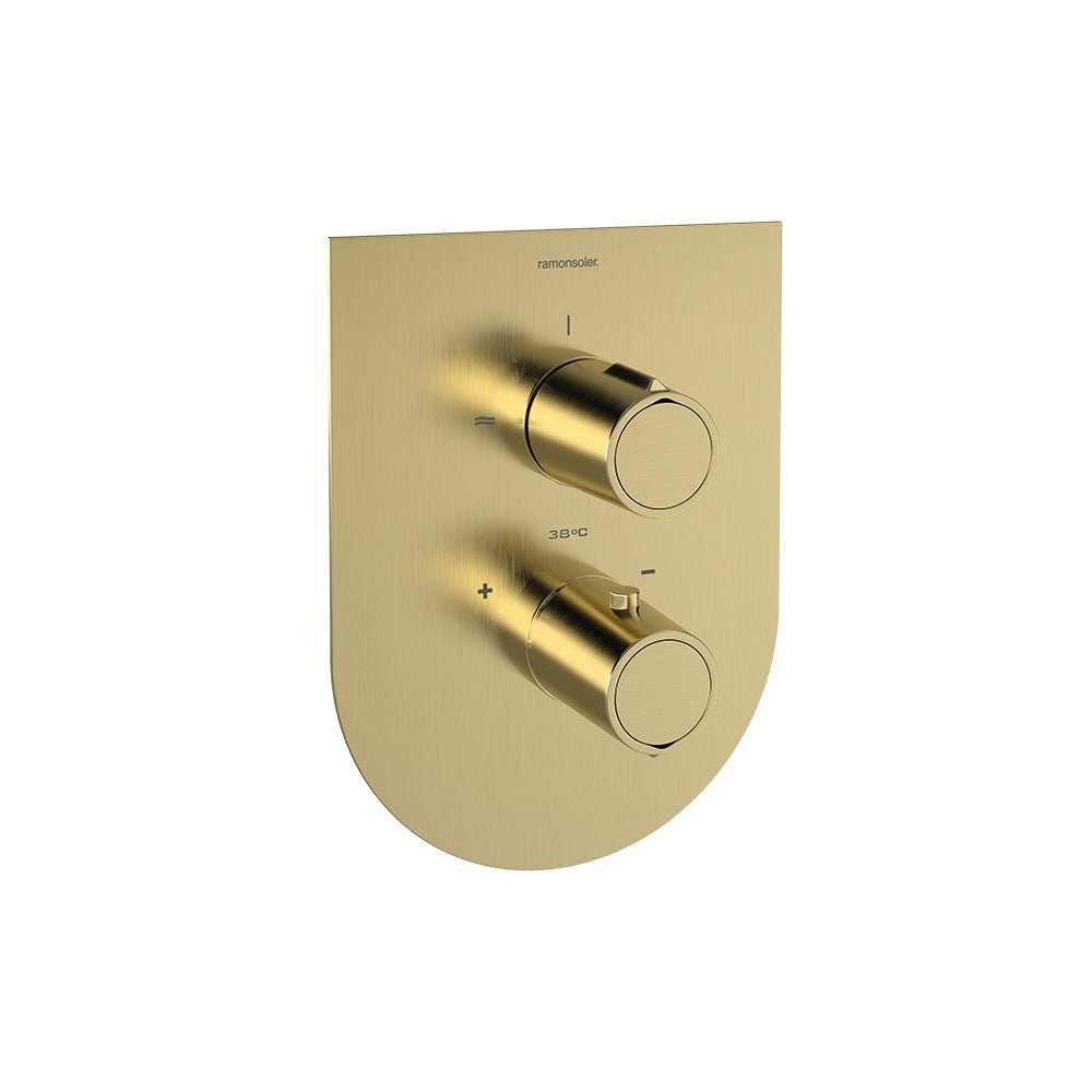 Ramon Soler - Tzar, termostático de ducha empotrado 1 vía con placa metálica, oro cepillado - BricoandPool