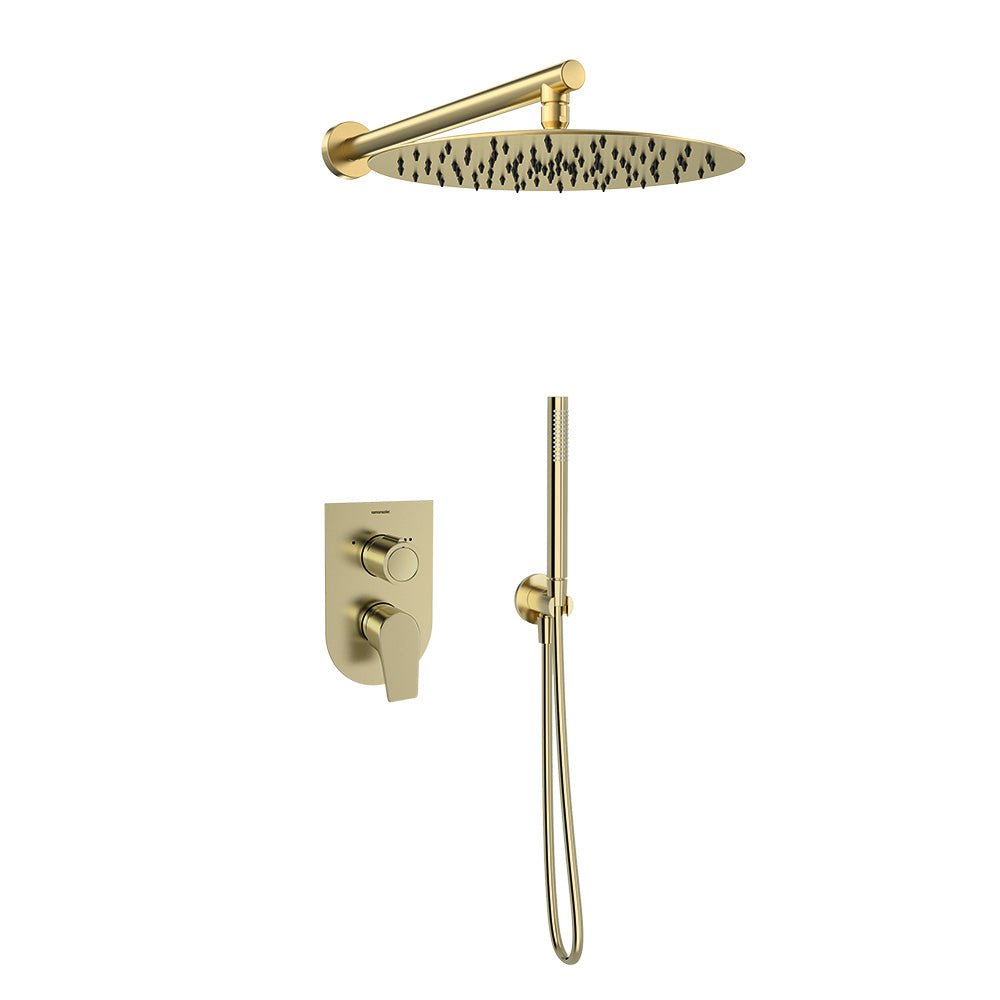 Ramon Soler - Urban Chic, conjunto monomando empotrado metálico 2 vías con rociador metálico Ø300 mm, oro cepillado - BricoandPool
