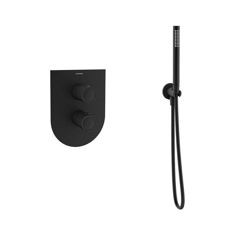 Ramon Soler - Urban Chic, conjunto termostático empotrado metálico 2 vías con soporte, toma de agua y teleducha, negro mate - BricoandPool