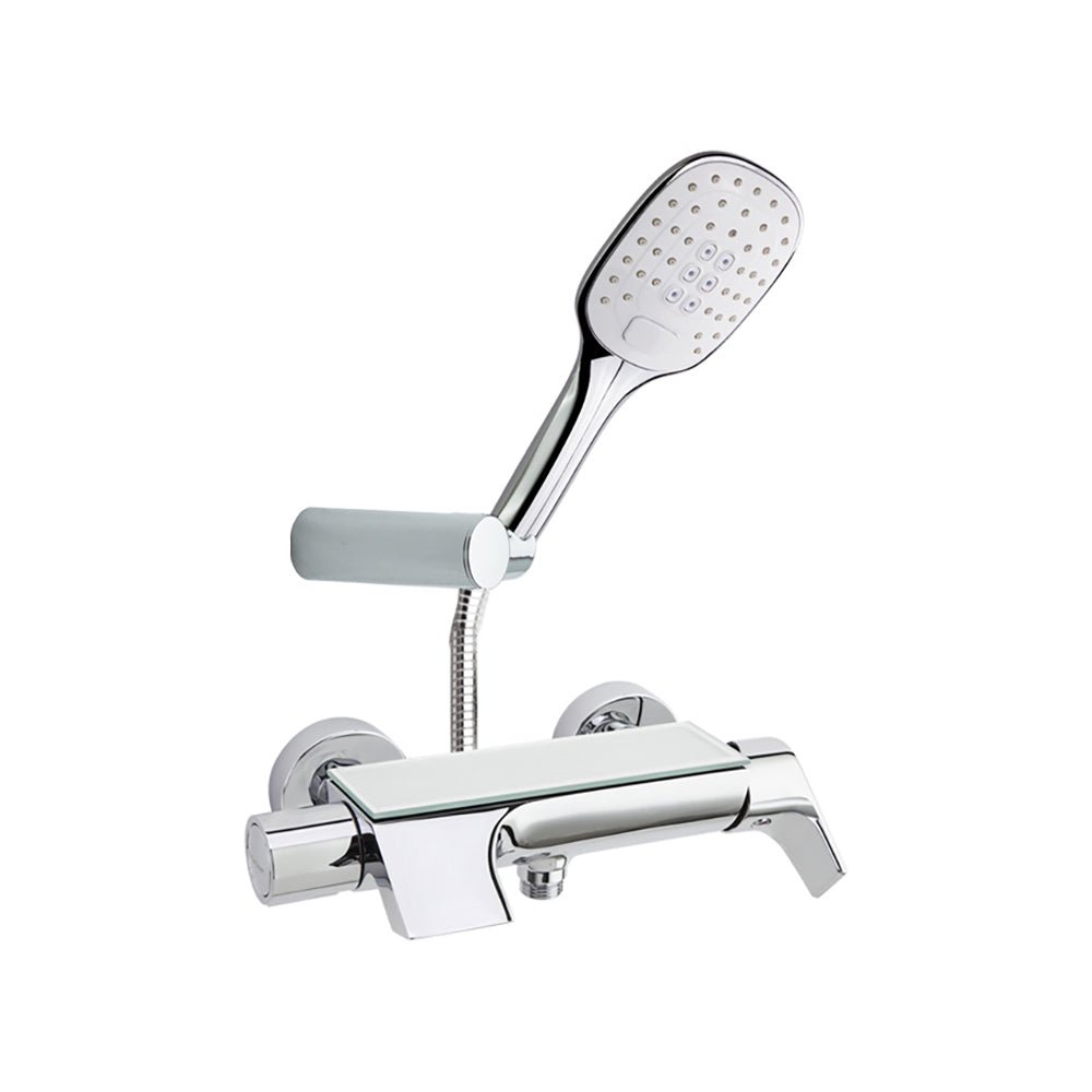 Ramon Soler - Urban Chic, monomando de baño - ducha con inversor integrado, salida cascada, repisa con vidrio de seguridad y equipo de ducha, cromo - BricoandPool