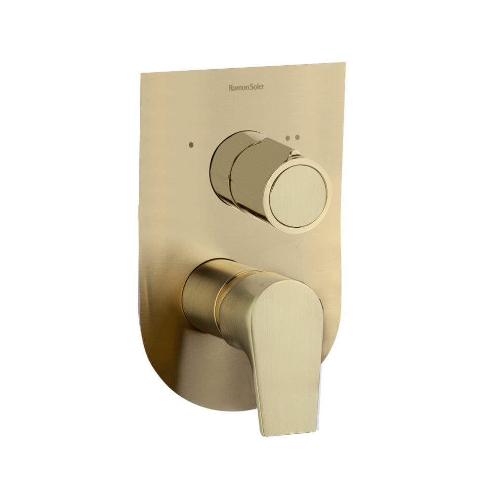Ramon Soler - Urban Chic, monomando de ducha empotrado metálico 2 vías con placa ultraslim S2, oro cepillado - BricoandPool