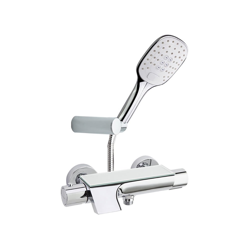 Ramon Soler - Urban Chic, termostático de baño - ducha con equipo de ducha, salida cascada, inversor integrado y repisa con vidrio de seguridad, cromo - BricoandPool