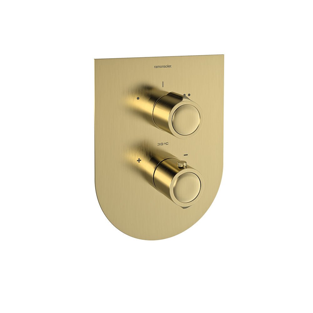Ramon Soler - Urban Chic, termostático de ducha empotrado metálico 2 vías con placa ultraslim, oro cepillado - BricoandPool