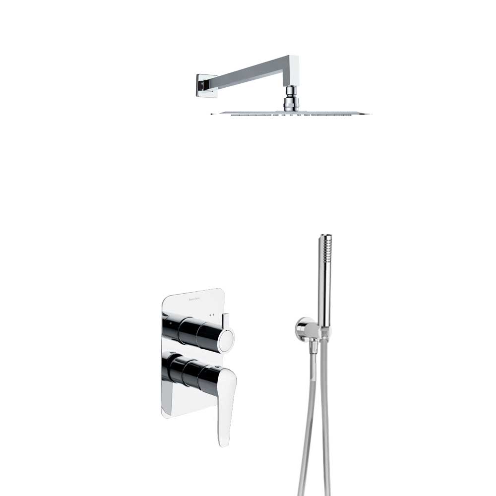 Ramon Soler - Ypsilon Plus, conjunto monomando empotrado metálico 2 vías con soporte, toma de agua, teleducha y rociador cuadrado 225mm, cromo - BricoandPool