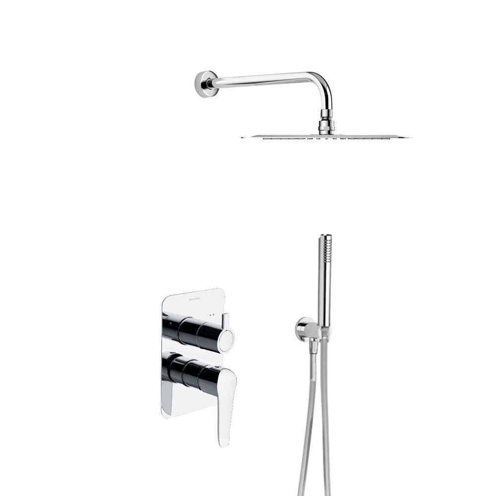 Ramon Soler - Ypsilon Plus, conjunto monomando empotrado metálico 2 vías con soporte, toma de agua, teleducha y rociador Ø240mm, cromo - BricoandPool