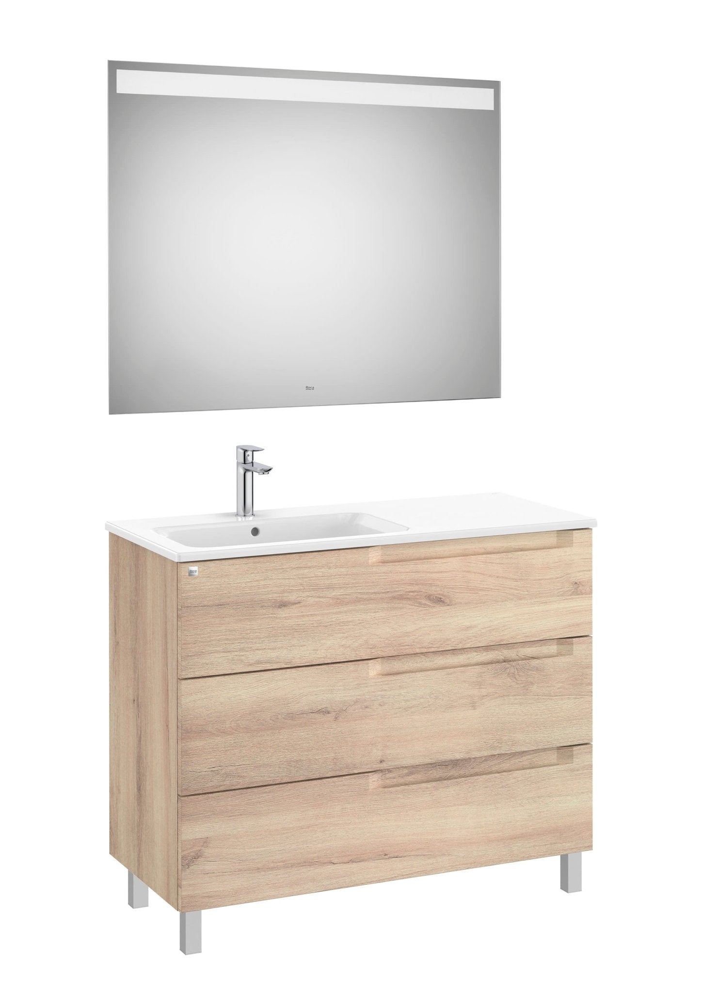 Roca - Mueble base Aleyda Pack de tres cajones con patas, lavabo asimétrico con lavabo a la derecha y espejo con luz LED - BricoandPool