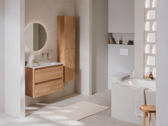 Roca - Mueble base Tenet Pack de dos cajones, lavabo, espejo y aplique LED Nogal - BricoandPool