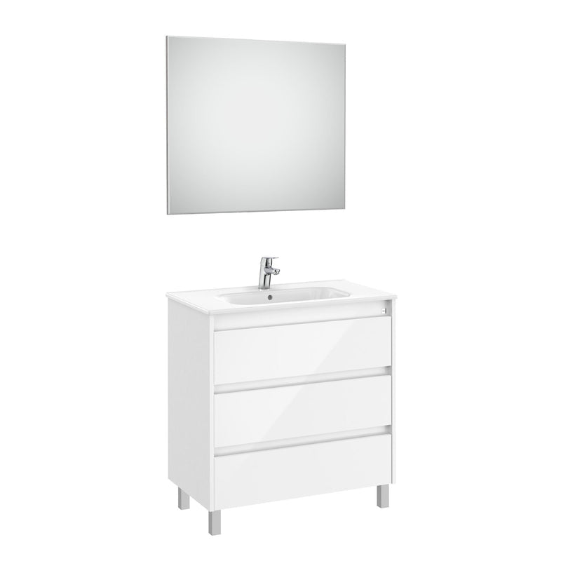 Roca - Mueble base Tenet Pack de tres cajones, lavabo, espejo y aplique LED Blanco brillo - BricoandPool