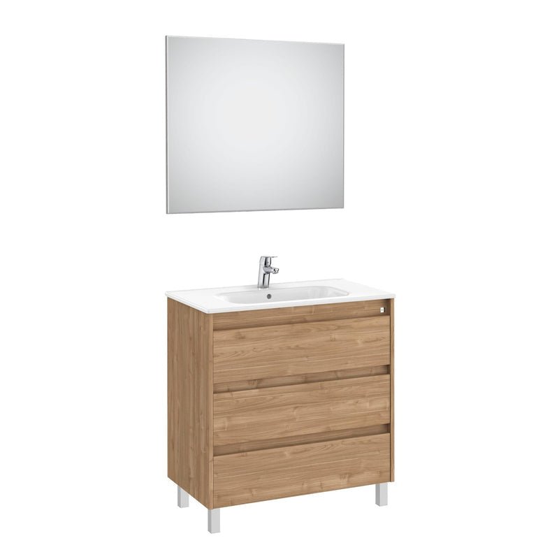 Roca - Mueble base Tenet Pack de tres cajones, lavabo, espejo y aplique LED Nogal - BricoandPool