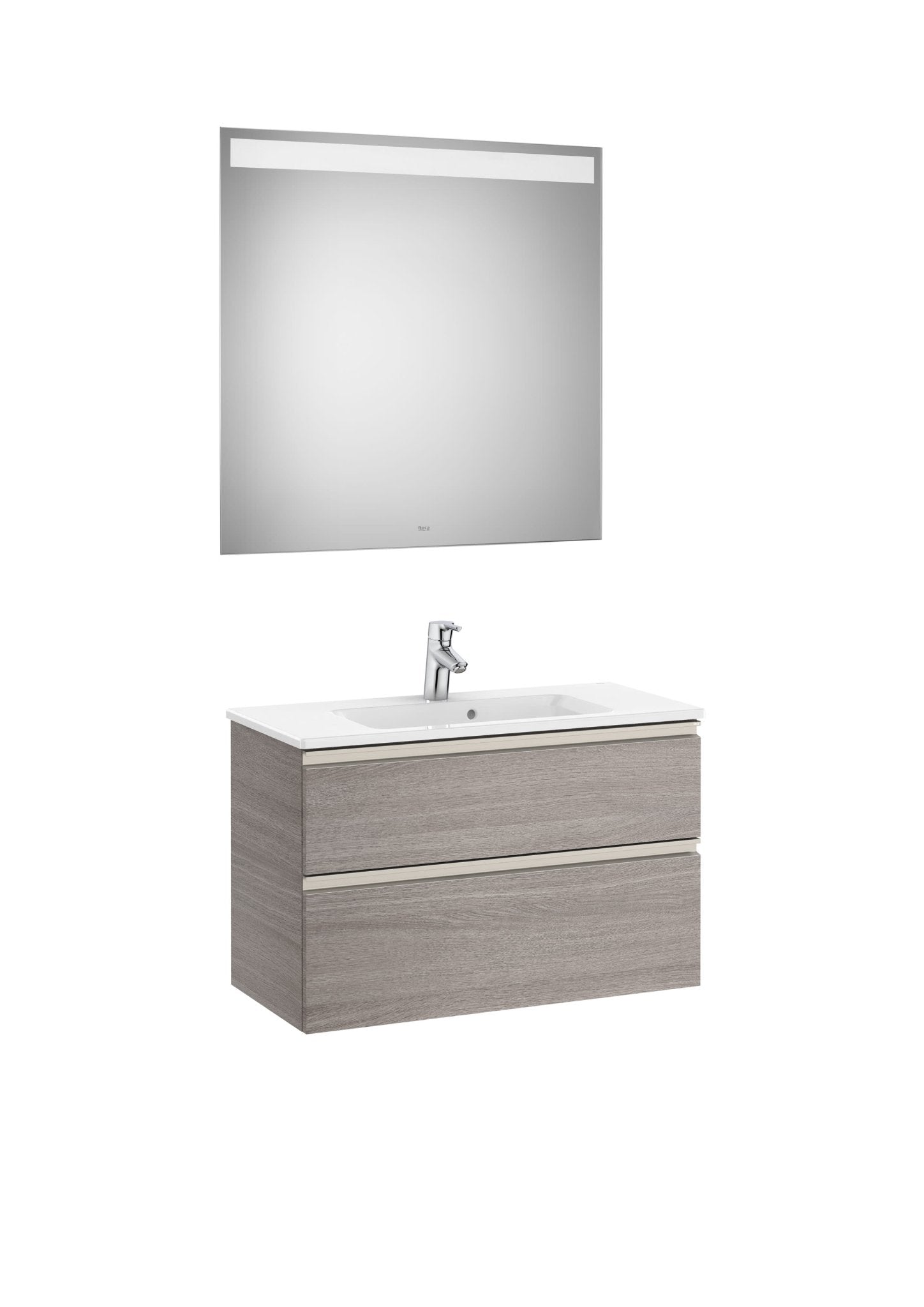 Roca - Mueble base The Gap Pack compacto de dos cajones, lavabo centrado y espejo LED Eidos - BricoandPool
