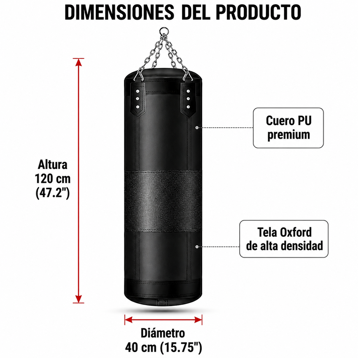 Boxsack PU 120 x 40 cm mit verstärkter Kette
