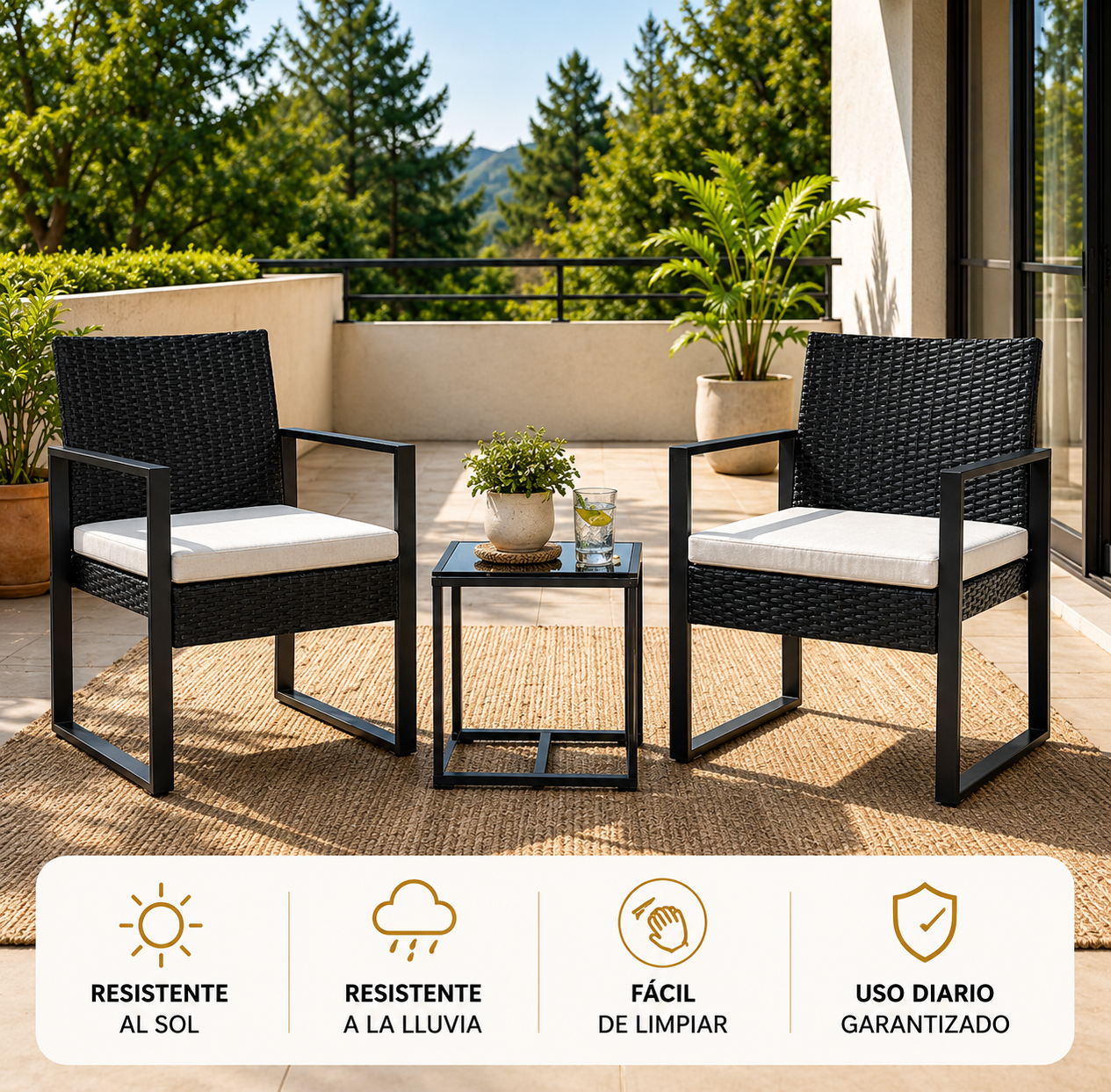 Conjunto de jardim exterior em rattan PE de 3 peças com mesa auxiliar e almofadas acolchoadas para terraço, varanda e pátio
