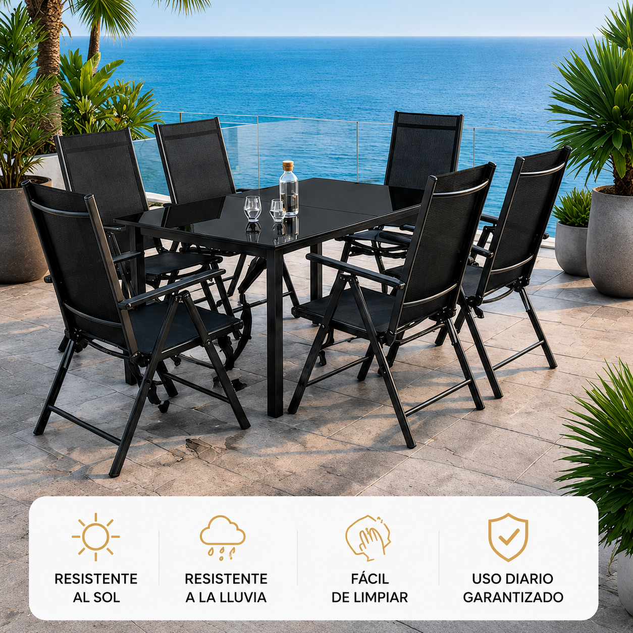 Ensemble jardin extérieur 7 pièces aluminium chaises inclinables verre
