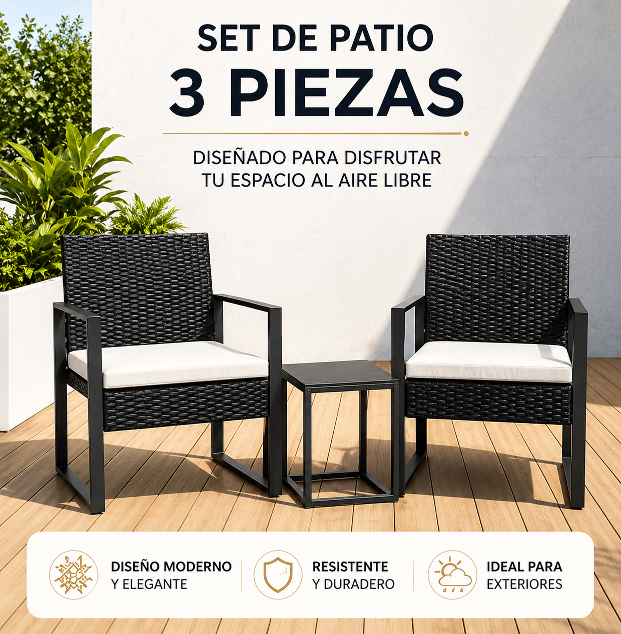 Conjunto de jardim exterior em rattan PE de 3 peças com mesa auxiliar e almofadas acolchoadas para terraço, varanda e pátio