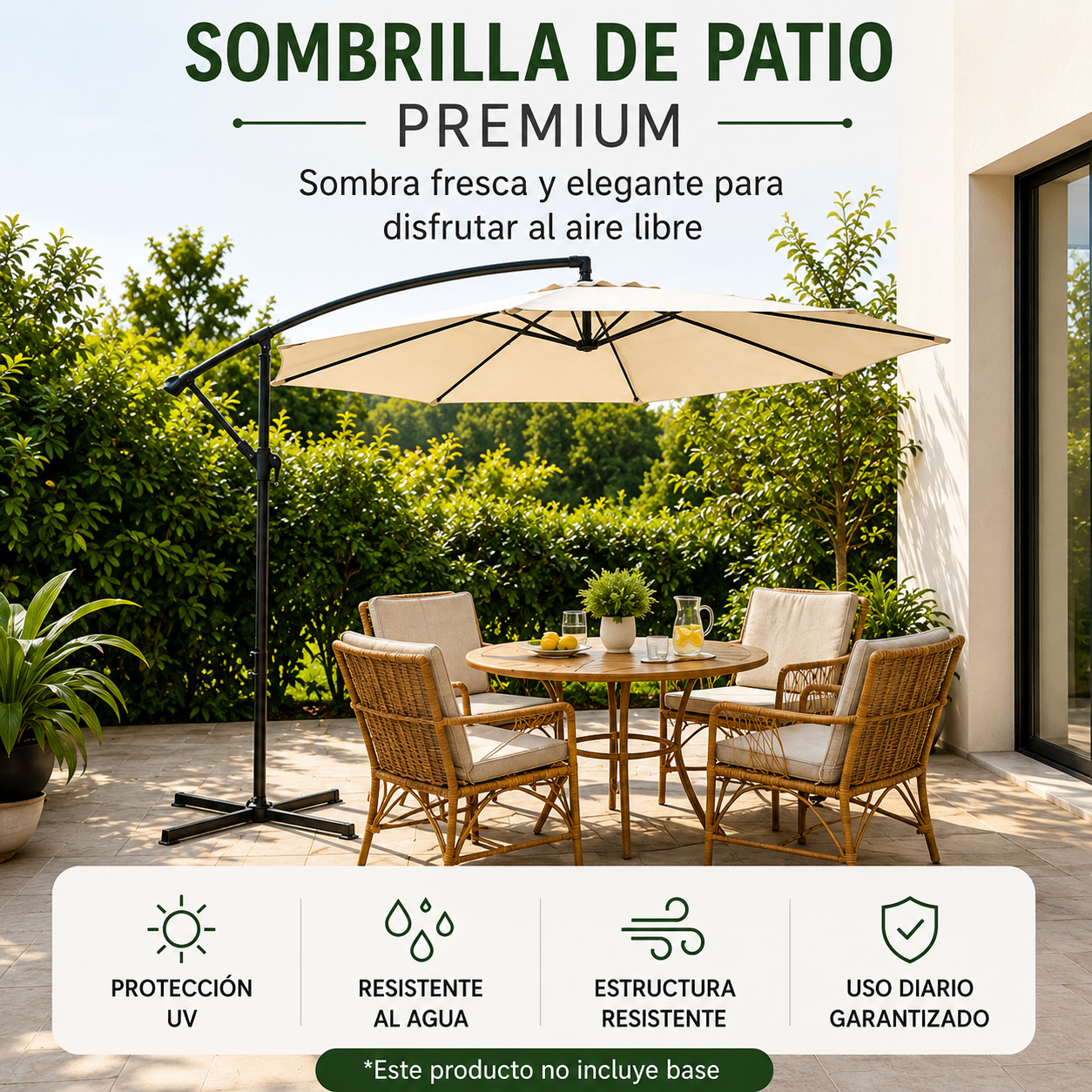 Ombrellone laterale da giardino inclinabile 360° con palo laterale, manovella e protezione solare UV colore beige senza base