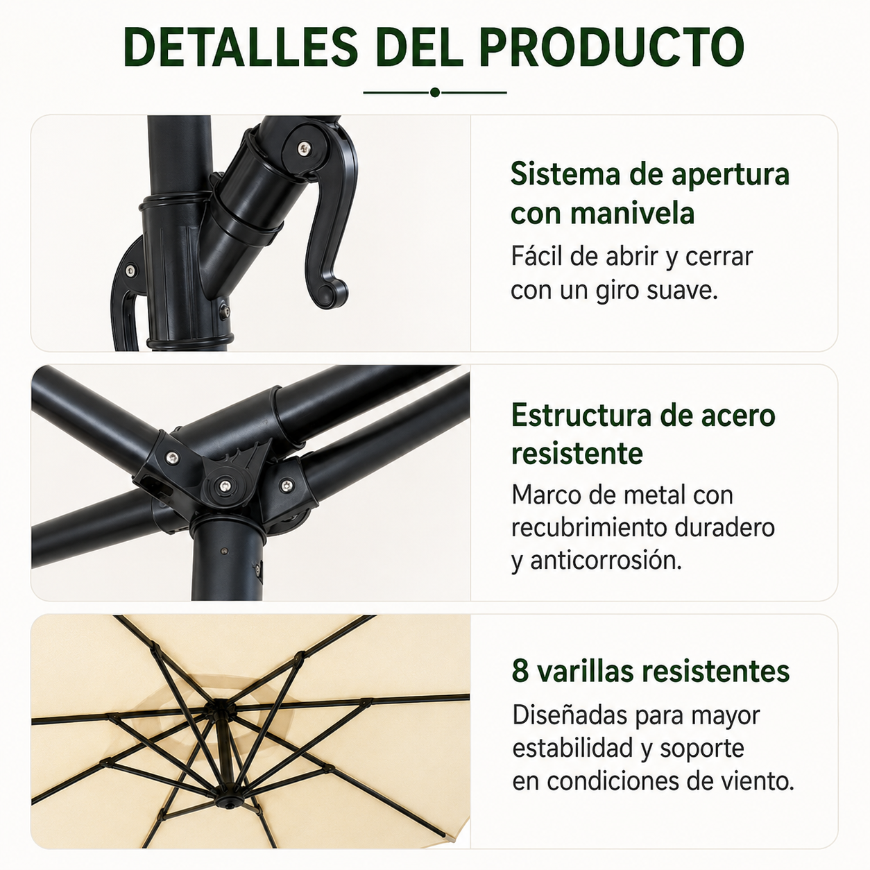 Ombrellone laterale da giardino inclinabile 360° con palo laterale, manovella e protezione solare UV colore beige senza base