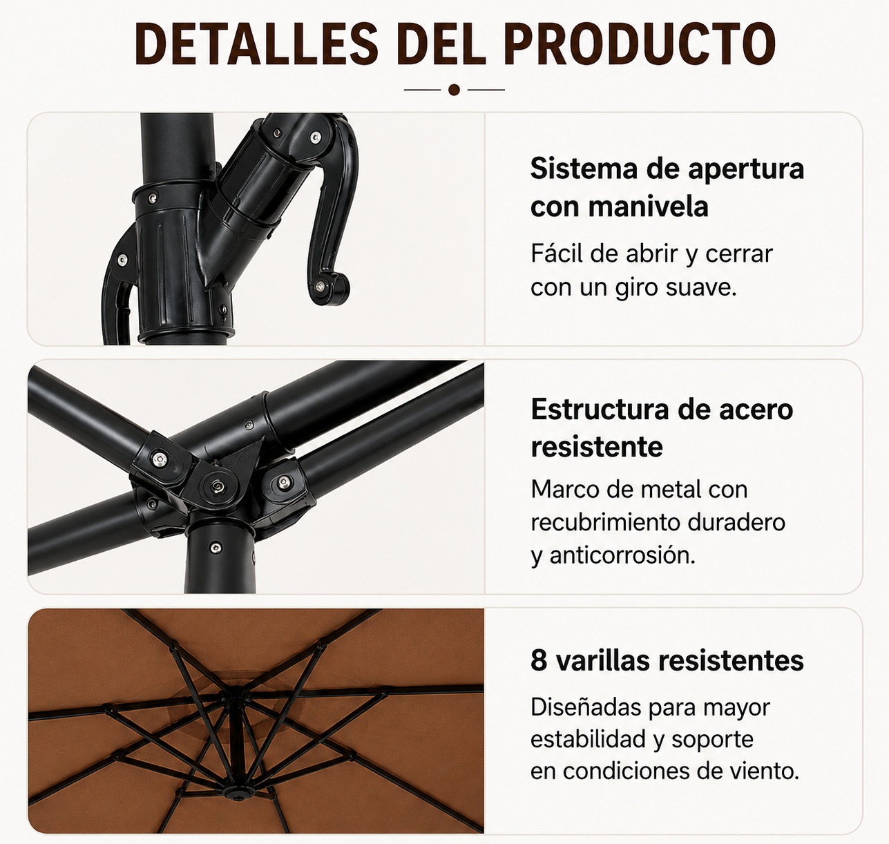 Ombrellone laterale da giardino inclinabile 360° con palo laterale, manovella e protezione solare UV colore kaki senza base
