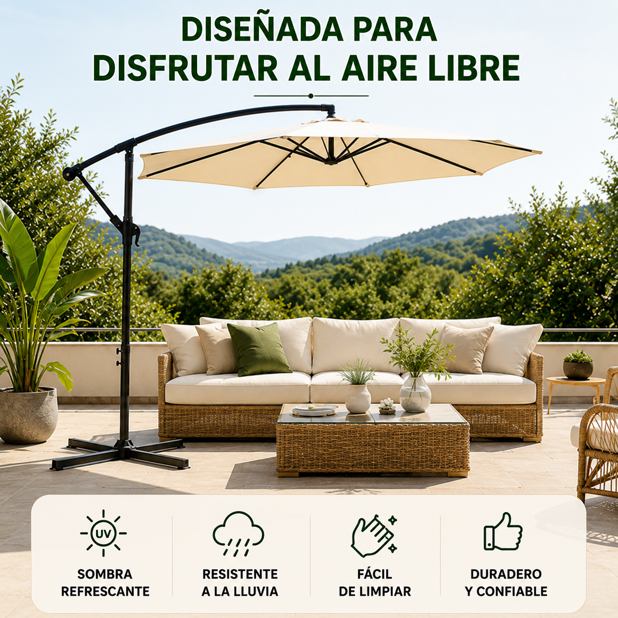 Ombrellone laterale da giardino inclinabile 360° con palo laterale, manovella e protezione solare UV colore beige senza base