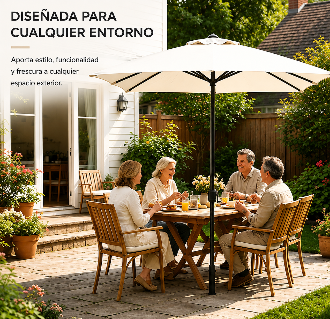 Guarda-sol de jardim central regulável com manivela, proteção UV e estrutura de aço cor bege sem base