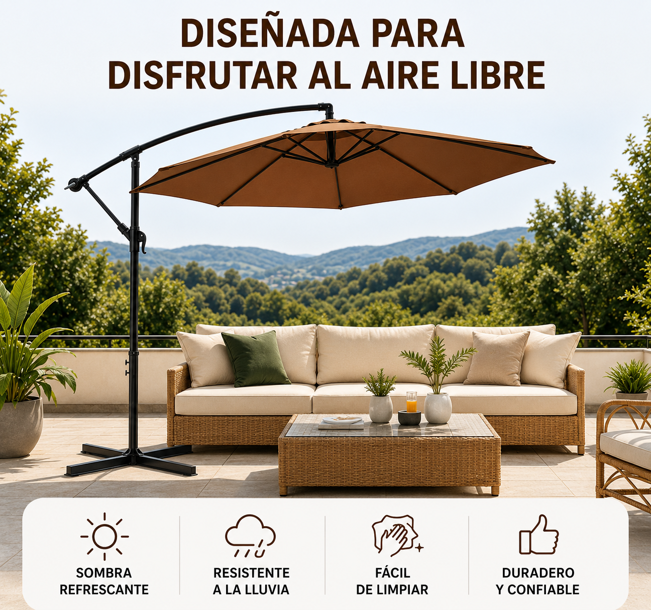 Ombrellone laterale da giardino inclinabile 360° con palo laterale, manovella e protezione solare UV colore kaki senza base