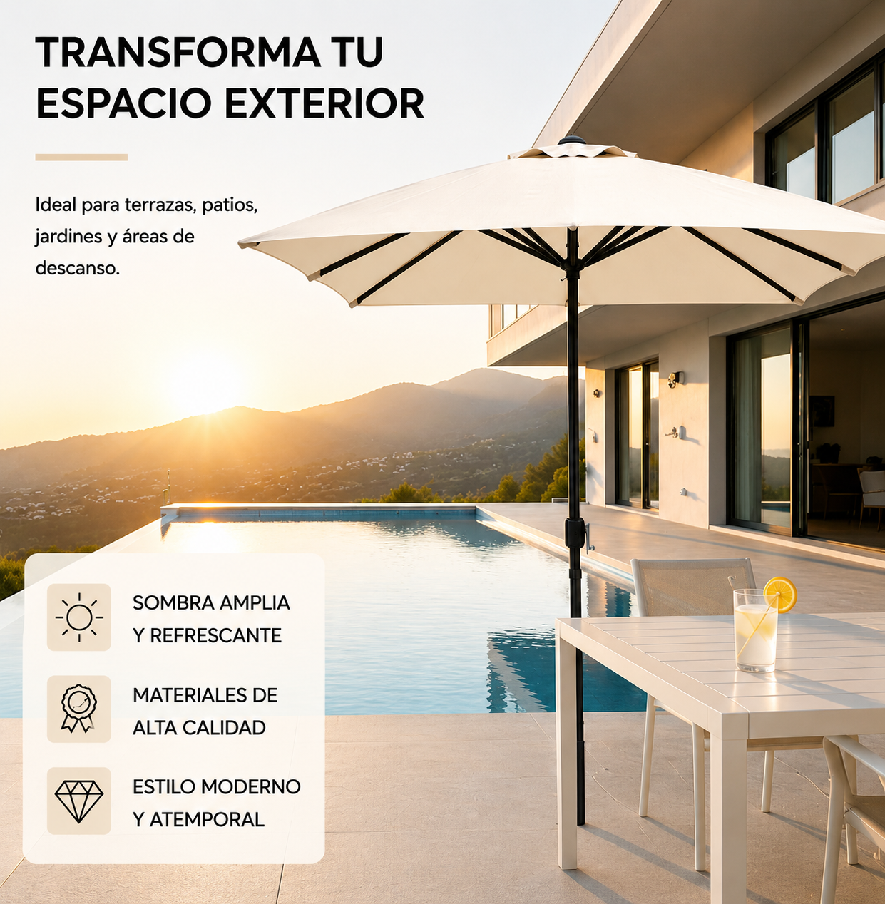 Guarda-sol de jardim central regulável com manivela, proteção UV e estrutura de aço cor bege sem base