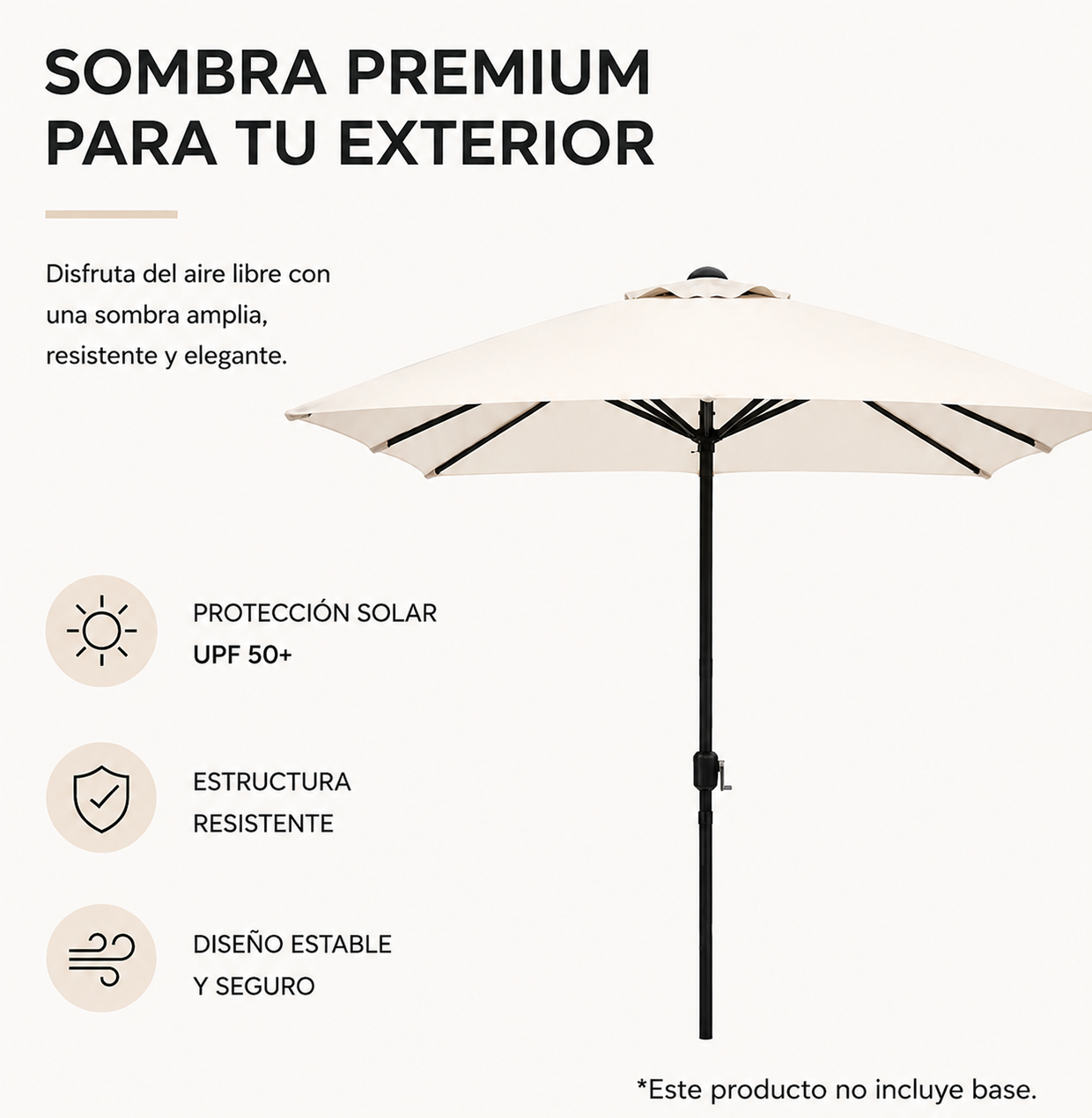 Guarda-sol de jardim central regulável com manivela, proteção UV e estrutura de aço cor bege sem base
